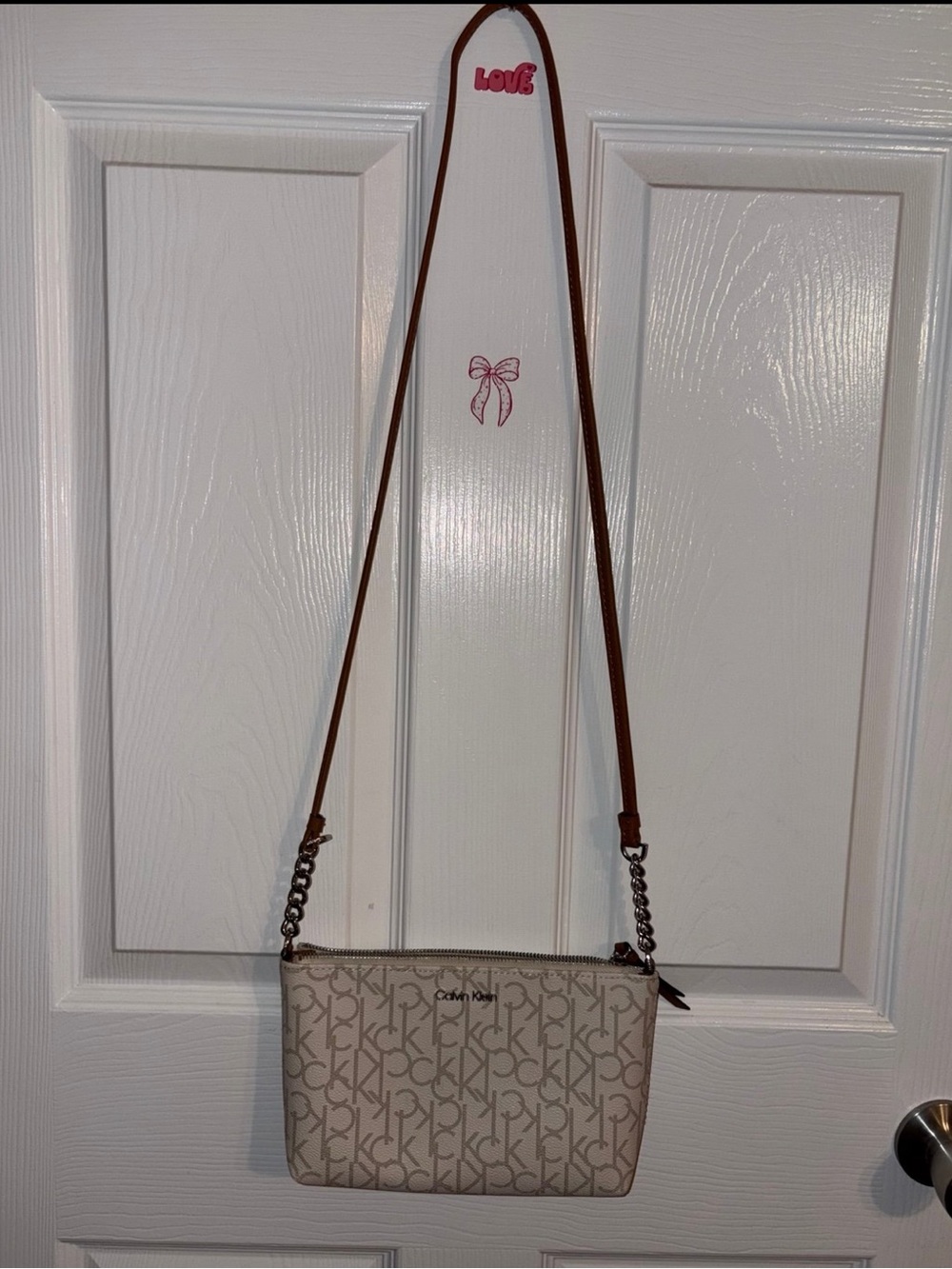 Calvin Klein Cream Logo Crossbody with Brown Strap